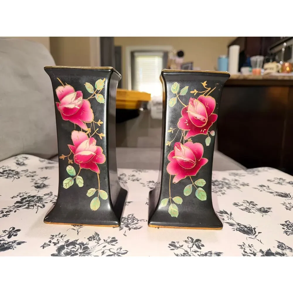 Vintage Winterton Ware Mantel Garniture 3pc Black Pink Rose Hand Painted England